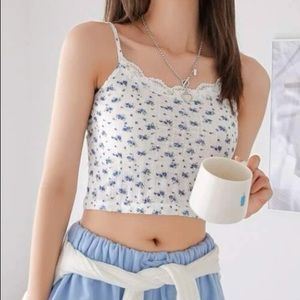 Ditsy Floral Contrast Lace Crop Cami Top
